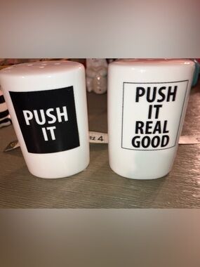 White Ceramic Salt and Pepper Shakers with Black Text